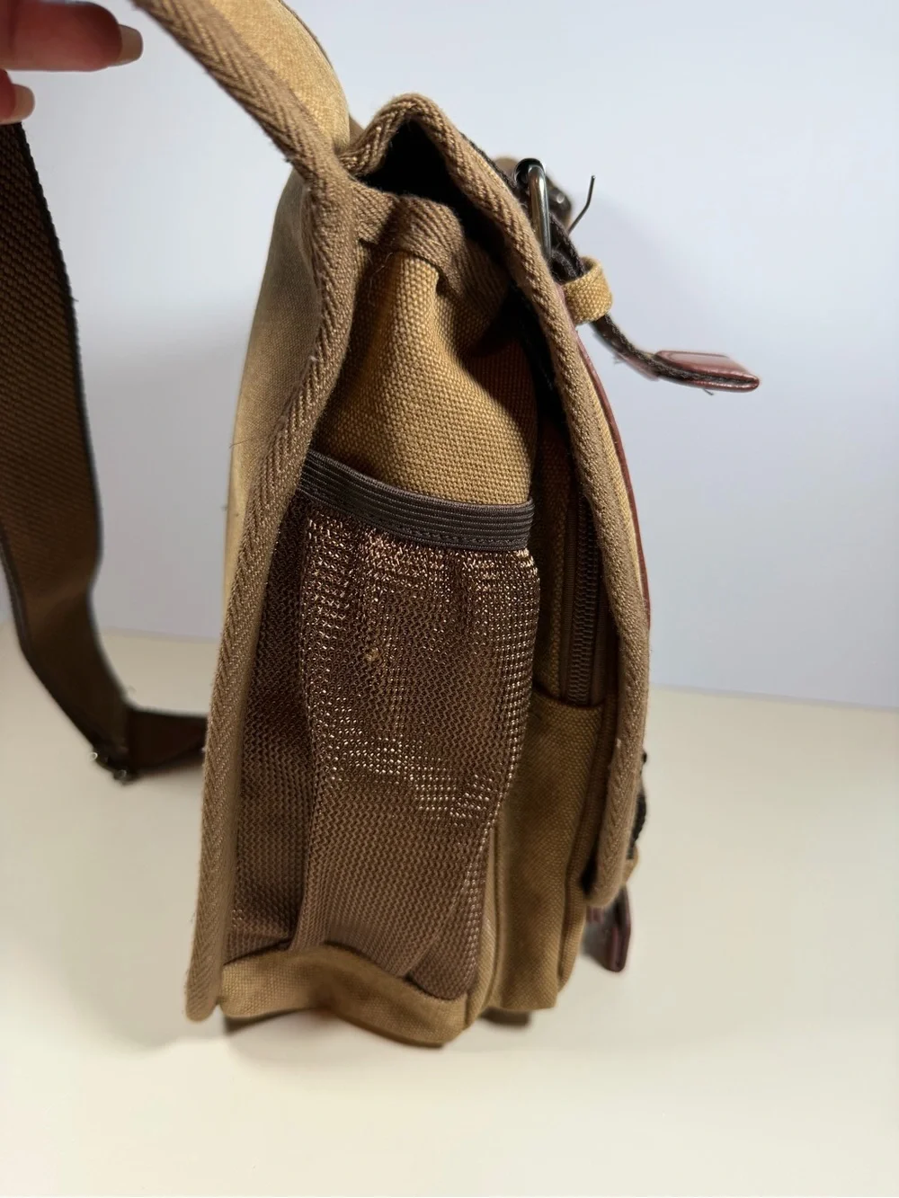 Brown Canvas Messenger Bag with Leather Trim